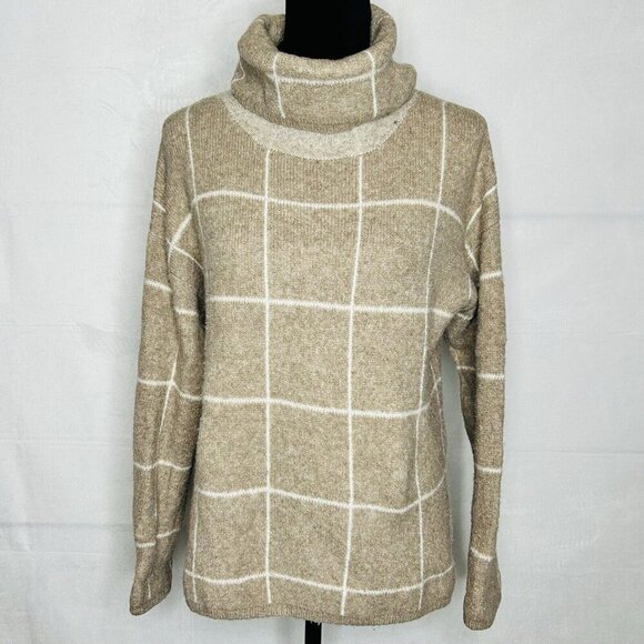 Madewell Sweater Sz S Brown Wool Blend Windowpane Turtleneck Pullover Tan Brown - Picture 1 of 9
